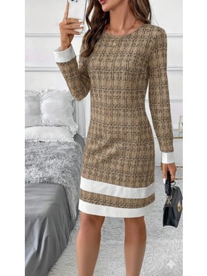 Mericline Kadın Uzun Kollu Yuvarlak Yaka Etek Ucu Şerit Detaylı Mini Dokuma Elbise