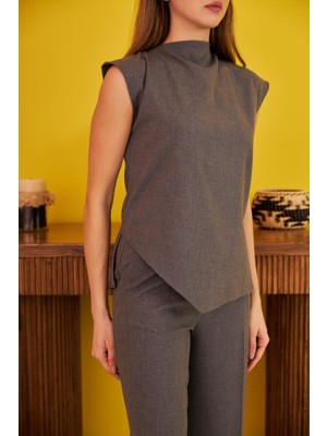 Mericline Gri Sıfır Kol Düğmeli Gömlek Takım