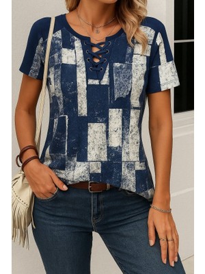 Mericline Kadın Kısa Kollu Yakası Bağcıklı Kuş Gözü Detay Süprem Bluz