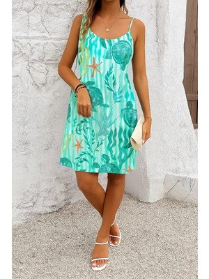 Mericline Kadın Askılı Yuvarlak Yaka Kaplumbağa Desenli Süprem Elbise