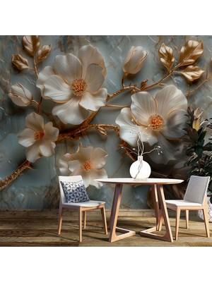 Grown Mermer Zeminde Altın Detaylı Beyaz Çiçekler Duvar Kağıdı
