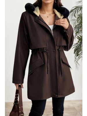 Hiramir Yeni Sezon Kapüşon Önü Uzun Tüylü Içi Kürk Astarlı Kadın Mont KS2533