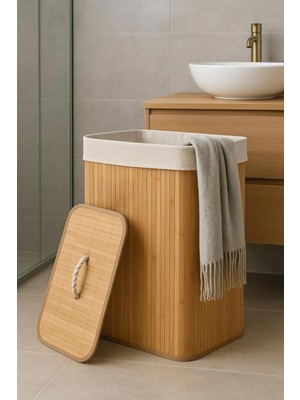 Masho Trend Bambu Katlanır Çamaşır Sepeti - Ahşap Kapaklı Çamaşır Sepeti Büyük Boy