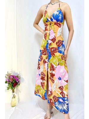 Mericline Mavi Sırt Dekolteli Keten Elbise