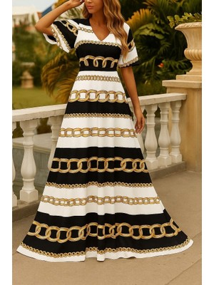 Mericline Kadın Kısa Kollu V Yakalı Desenli Süprem Elbise