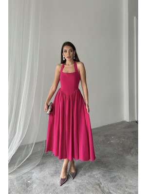 Mericline Fuşya Boyundan Bağlamalı Keten Elbise