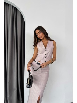 Mericline Yelek-Önden Yırtmaçlı Etek Tk Şantuk Keten - Lila