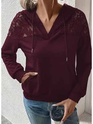 Mericline Kadın Uzun Kollu Kapşonlu Bağcıklı Dantelli Viskon Iki Iplik Bluz