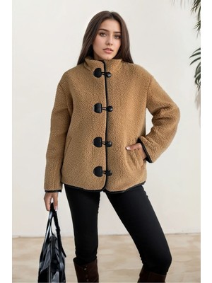 Hiramir Peluş Deri Biyeli Çoban Düğmeli Mont KS2504