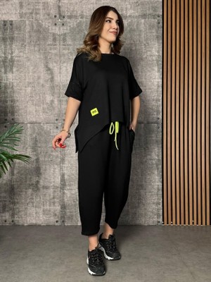 Mericline Kadın Kısa Kollu Bisiklet Yaka Viskon Iki Iplik Bluz ve Pantolon Ikili Takım