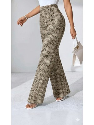 Mericline Kadın Yüksek Bel Paçaya Doğru Geniş Dokuma Pantolon