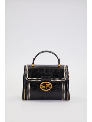 Otantik Fayton Metal Logo ve Nakış Detaylı Orta Boy Kadın El ve Omuz Çantası LV930574 Siyah