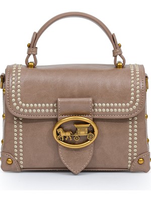 Otantik Fayton Metal Logo ve Nakış Detaylı Küçük Boy Kadın El ve Omuz Çantası LV930573 Gül Kurusu