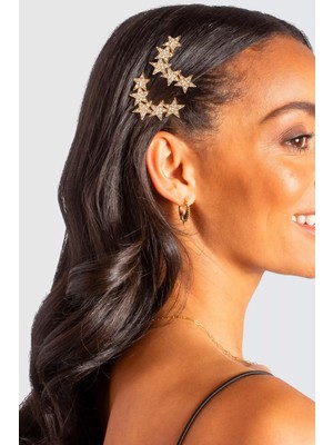 New Obsessions Parlak Taşlı Sıralı Yıldız Altın Rengi Klipsli Toka 2 Adet