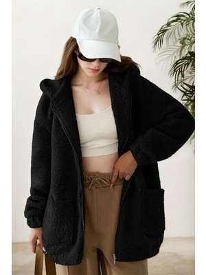 Hiramir Peluş Kuzu Kıvırcık Torba Cepli Kolej Mont Siyah KS2526