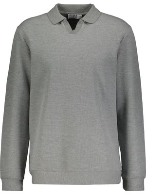 Süvari Regular Fit Polo Yaka V Patlı Düğmesiz Armürlü Sweatshirt