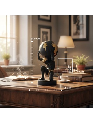 İki Yedi Konsept Omega Serisi Atlas Dünya Küresi Taşıyan Heykel, Siyah Altın Detaylı Dekoratif Ofis Masa Objesi