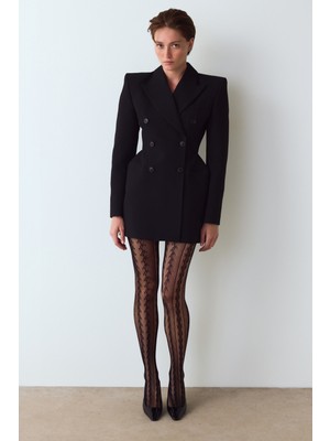 Penti Siyah Amelia Geometrik Desenli File Külotlu Çorap