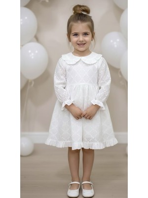 Beyaz Uzun Kollu Fisto Yaka Detaylı Kız Çocuk Elbise
