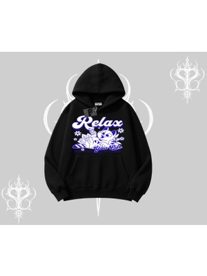 Relax Kedi Baskılı Kapşonlu Sweatshirt