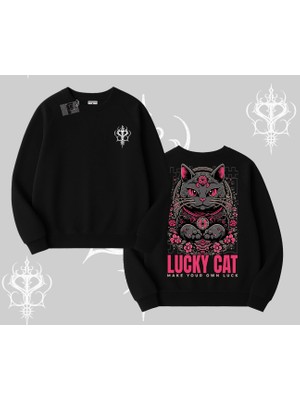 Lucky Cat Japon Tarzı Kedi Baskılı Biskilet Sweatshirt