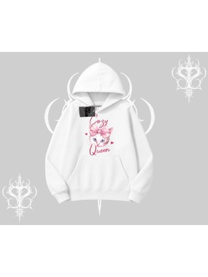Cozy Queen Kedi Baskılı Kapşonlu Sweatshirt