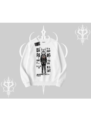 Dream Big Yazılı Takım Elbiseli Kedi Baskılı Biskilet Sweatshirt