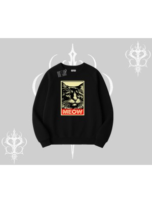 Meow Yazılı Kedi Portre Baskılı Biskilet Sweatshirt