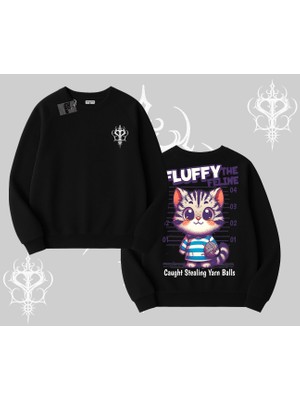 Fluffy The Feline Yazılı Sevimli Kedi Arka Baskılı Biskilet Sweatshirt