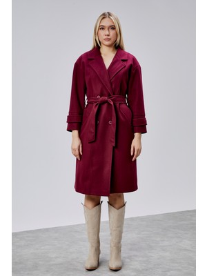 Bolivente Bordo Kuşaklı Oversize Kaşe Kaban