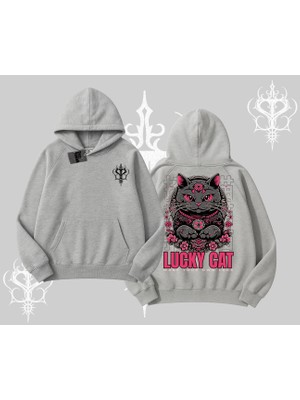 Lucky Cat Japon Tarzı Kedi Baskılı Kapşonlu Sweatshirt
