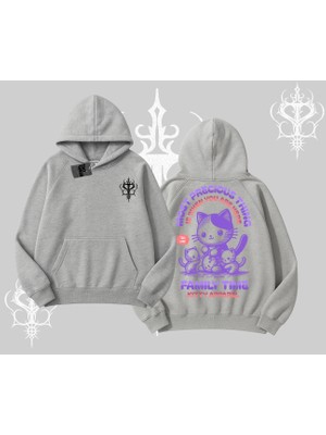 Family Time Yazılı Sevimli Anne Kedi Arka Baskılı Kapşonlu Sweatshirt