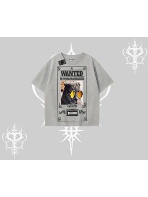 Wanted Temalı Kedi Baskılı Oversize Tshirt