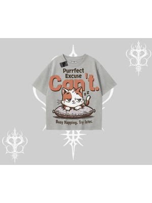 Kedi Baskılı Cant Busy Napping Y2K  Oversize Tshirt