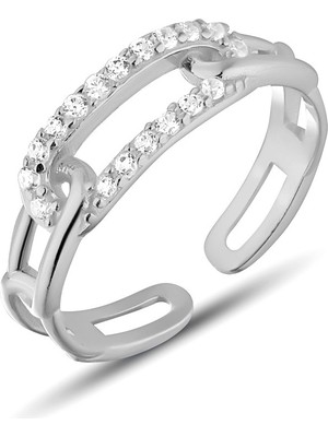 Zanaat Silver 925 Ayar Gümüş Pırlanta Detaylı Zincir Formlu Ayarlanabilir Kadın Yüzük