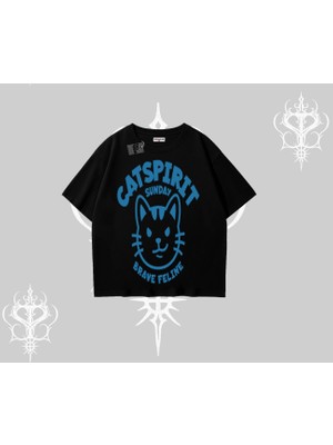 Catspirit Sunday Brave Feline Yazılı Kedi Baskılı Oversize Tshirt