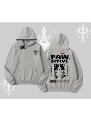 Paw Sitive Kedi Arka Baskılı Kapşonlu Sweatshirt