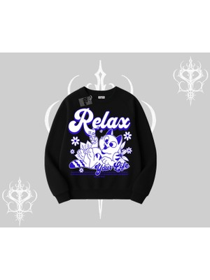 Relax Kedi Baskılı Biskilet Sweatshirt