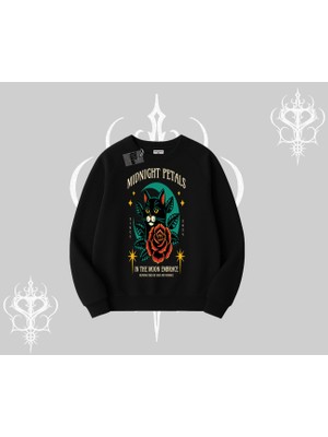 Midnight Petals Kedi Baskılı Biskilet Sweatshirt