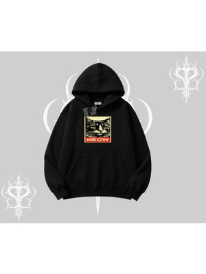 Meow Yazılı Kedi Portre Baskılı Kapşonlu Sweatshirt