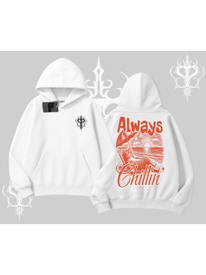 Always Chillin Kedi Arka Baskılı Kapşonlu Sweatshirt