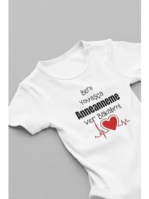 Organik %100 Pamuk Beni Yavaşça Anneanneme Ver Kısa Kollu Çıtçıtlı Bebek Body Badi Zıbın Tulum 5590