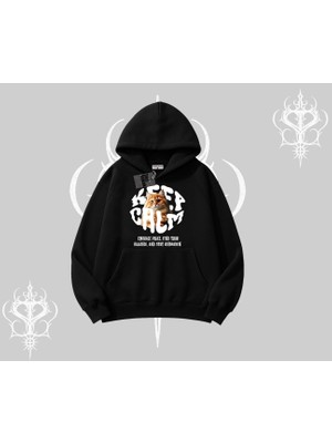 Keep Calm Yazılı Kedi Baskılı Streetwear Kapşonlu Sweatshirt