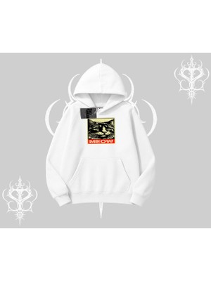 Meow Yazılı Kedi Portre Baskılı Kapşonlu Sweatshirt