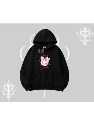 Cozy Queen Kedi Baskılı Kapşonlu Sweatshirt