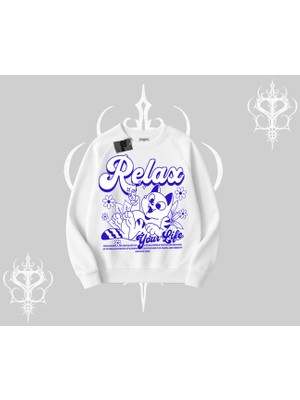 Relax Kedi Baskılı Biskilet Sweatshirt