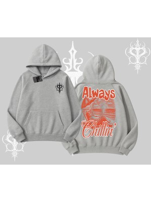 Always Chillin Kedi Arka Baskılı Kapşonlu Sweatshirt