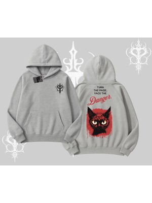 Gotik Kedi Arka Baskılı Kapşonlu Sweatshirt