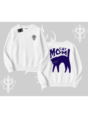 Cat Mom Yazılı Minimal Kedi Arka Baskılı Biskilet Sweatshirt