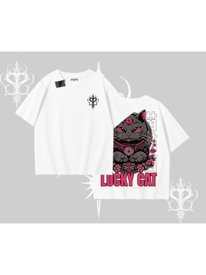Lucky Cat Japon Tarzı Kedi Baskılı Oversize Tshirt
